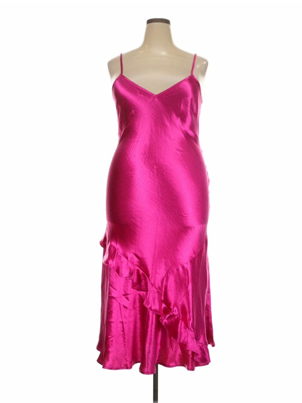 Betsey Johnson Hot Pink Satin Midi Slip Dress with Ruffle Detail XXL